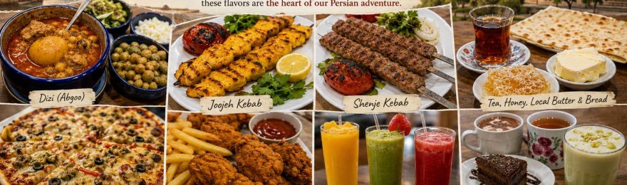 A horizontal travel-food collage featuring Persian dishes from Tabriz, Kandovan, and Oromiyeh, including dizi, joojeh kebab, shenje kebab, Turkish kebab, tea, noghl, fresh juices, and other family-favorite foods, set against Iranian landscapes and historic architecture.